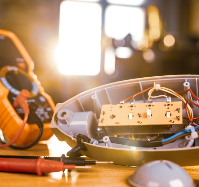 Electrical equipment and a flashlight arranged on a table, showcasing tools for lighting and power tasks.