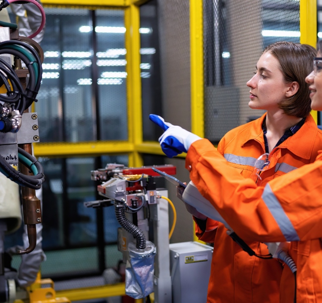 Two women in orange workwear stand beside a large machine in a work environment.