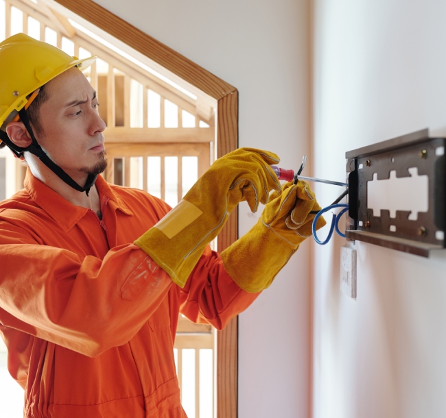 A man in an orange uniform is repairing a wall with tools in hand.